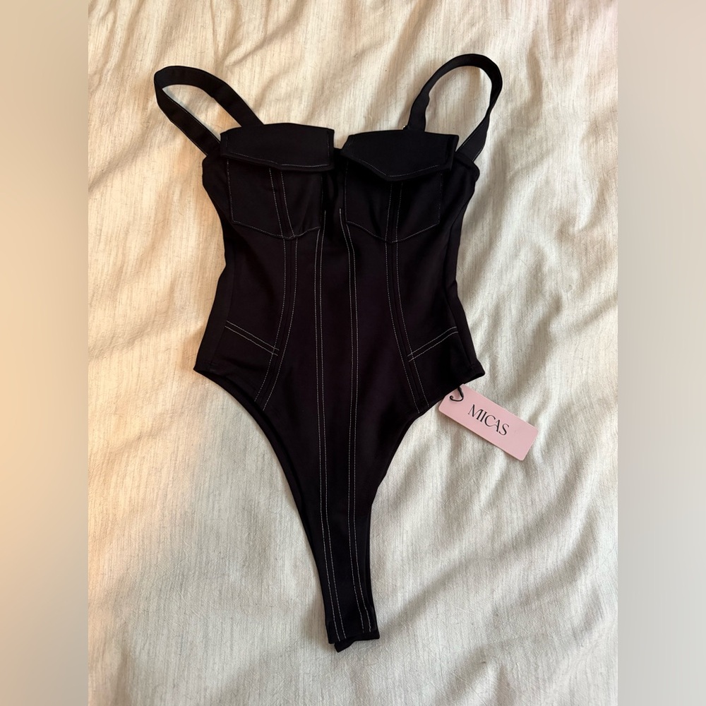 Stitching Bodysuit And Wide Leg Trousers Set